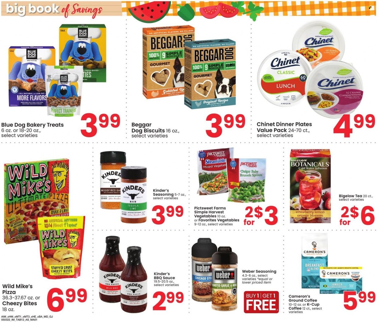 thumbnail - Albertsons Flyer - 05/03/2022 - 05/30/2022 - Sales products - oranges, pizza, Blossom, spice, BBQ sauce, tea, coffee, ground coffee, coffee capsules, K-Cups, breakfast blend, plate, dinner plate, animal treats, dog food, dog biscuits. Page 12.
