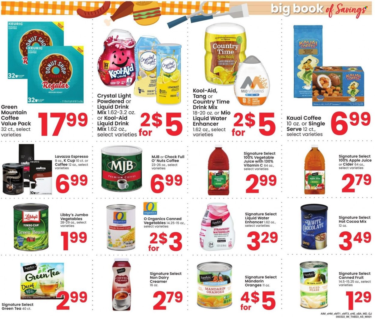 thumbnail - Albertsons Flyer - 05/03/2022 - 05/30/2022 - Sales products - green beans, mandarines, watermelon, pears, oranges, coconut, creamer, white chocolate, chocolate, brewer, canned vegetables, canned fruit, caramel, syrup, apple juice, lemonade, juice, vegetable juice, Country Time, hot cocoa, green tea, tea, coffee capsules, K-Cups, Keurig, Lavazza, Green Mountain, cider, vitamin c. Page 23.