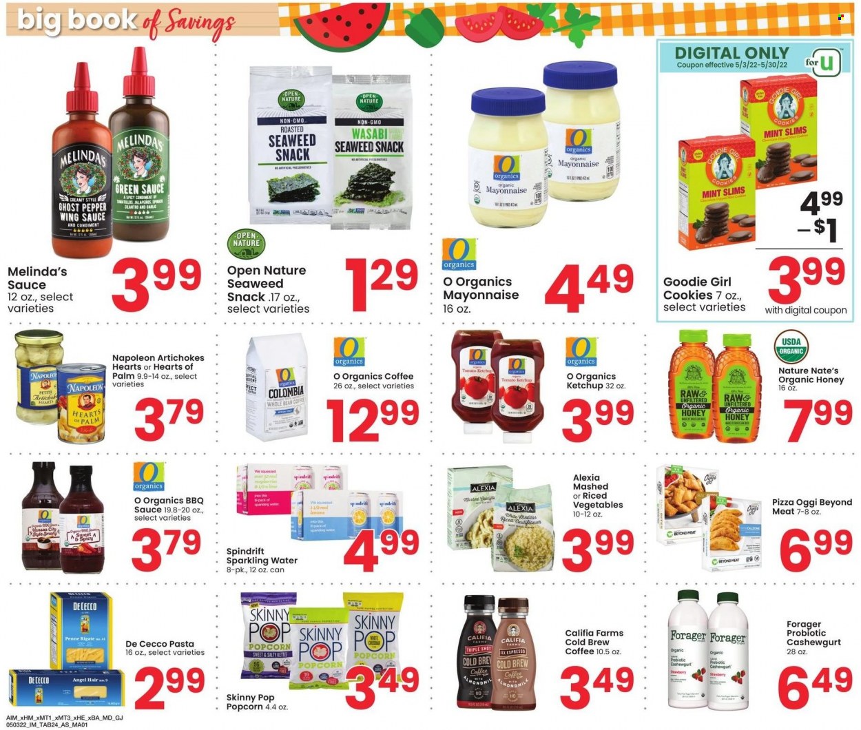 thumbnail - Albertsons Flyer - 05/03/2022 - 05/30/2022 - Sales products - artichoke, tomatillo, hearts of palm, pizza, pasta, sauce, mayonnaise, cookies, snack, popcorn, Skinny Pop, seaweed, penne, cilantro, wasabi, pepper, BBQ sauce, ketchup, ghost pepper, wing sauce, honey, Coca-Cola, Spindrift, sparkling water, coffee, lemons. Page 24.