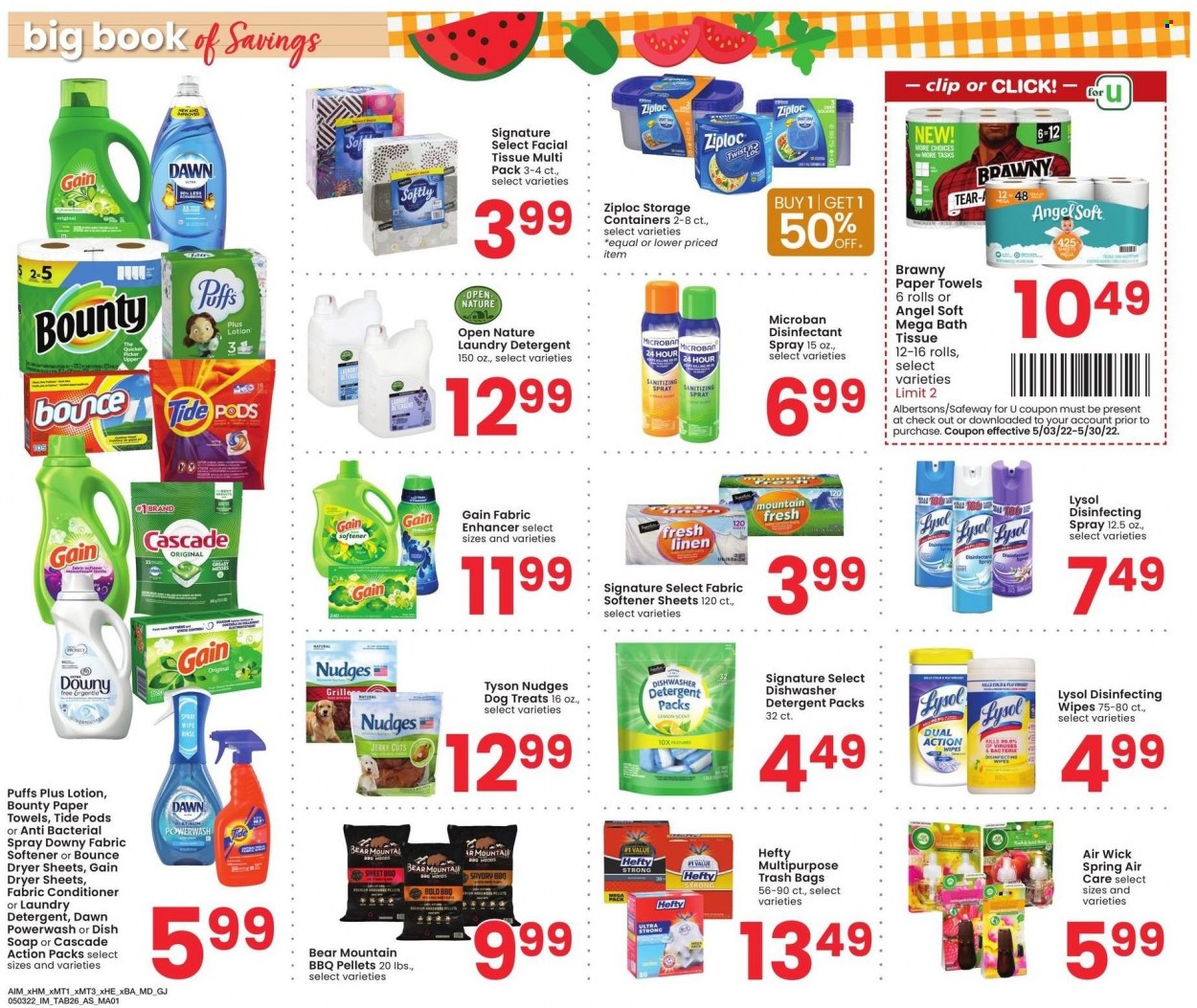 thumbnail - Albertsons Flyer - 05/03/2022 - 05/30/2022 - Sales products - puffs, jerky, Bounty, wipes, bath tissue, kitchen towels, paper towels, detergent, Gain, desinfection, Lysol, Cascade, Tide, fabric softener, laundry detergent, Bounce, dryer sheets, Downy Laundry, soap, Ziploc, Hefty, trash bags, storage box, Air Wick. Page 26.
