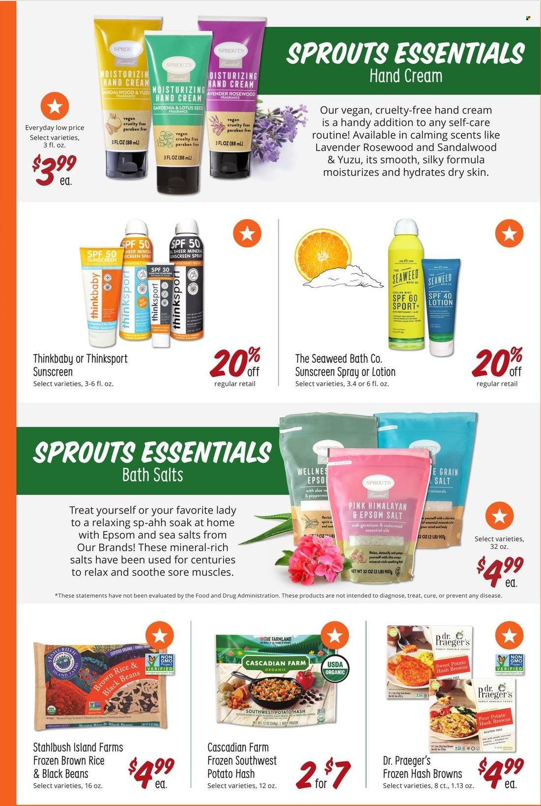 thumbnail - Sprouts Flyer - 04/27/2022 - 05/31/2022 - Sales products - beans, sweet potato, hash browns, salt, black beans, brown rice, rice, body lotion, hand cream, fragrance, Lotus, essential oils. Page 8.