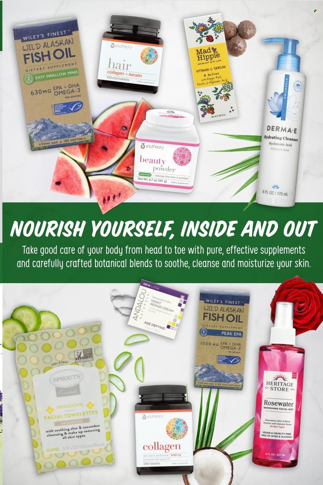 thumbnail - Sprouts Flyer - 04/27/2022 - 05/31/2022 - Sales products - seafood, oil, alcohol, wipes, cleanser, serum, keratin, fish oil, Omega-3, dietary supplement. Page 30.