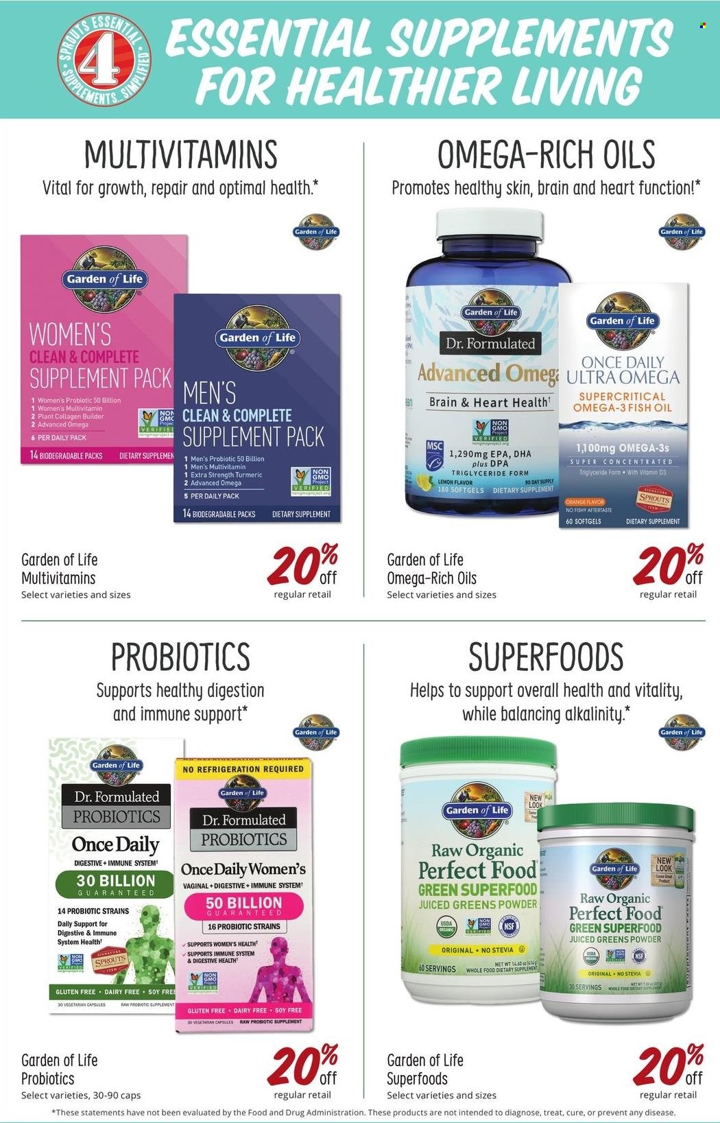 thumbnail - Sprouts Flyer - 04/27/2022 - 05/31/2022 - Sales products - oranges, stevia, turmeric, oil, cap, fish oil, multivitamin, probiotics, Omega-3, vitamin D3, dietary supplement. Page 31.