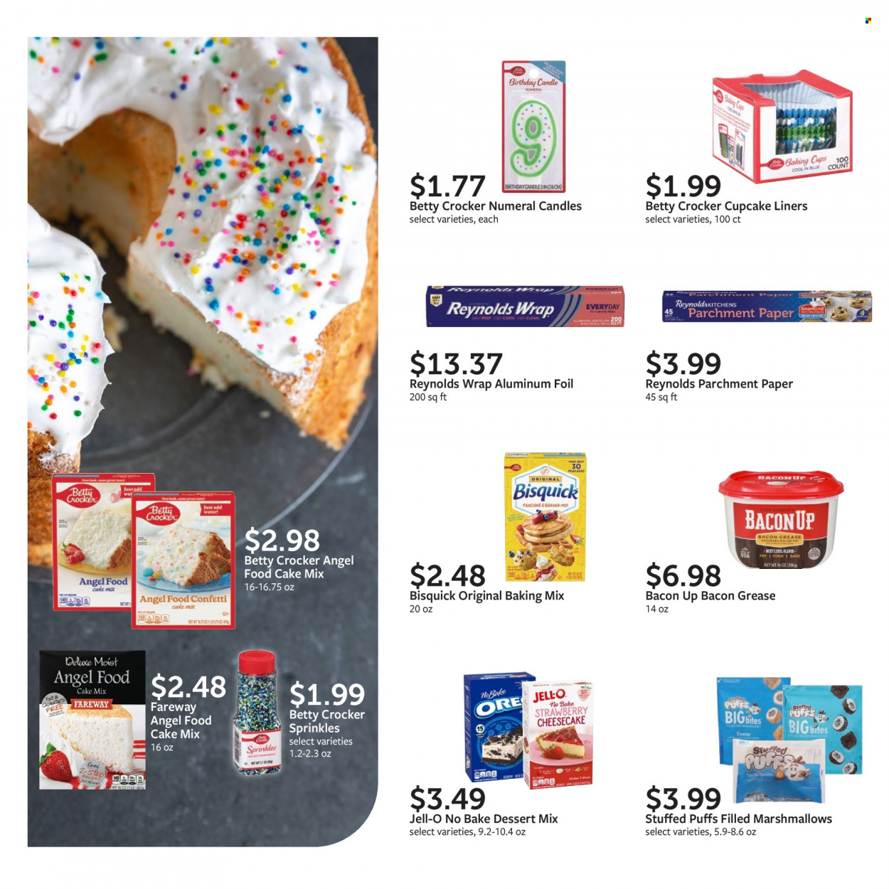thumbnail - Fareway Flyer - 05/02/2022 - 06/04/2022 - Sales products - puffs, cheesecake, Angel Food, cake mix, pancakes, bacon, marshmallows, Bisquick, Jell-O. Page 4.