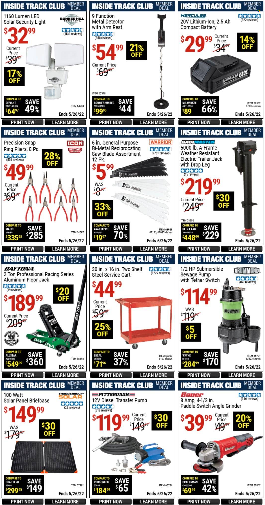 thumbnail - Harbor Freight Flyer - 05/06/2022 - 05/26/2022 - Sales products - Hunter, solar panel, Milwaukee, grinder, saw, angle grinder, reciprocating saw blade, pliers, cart, trailer, transfer pumps, floor jack. Page 4.
