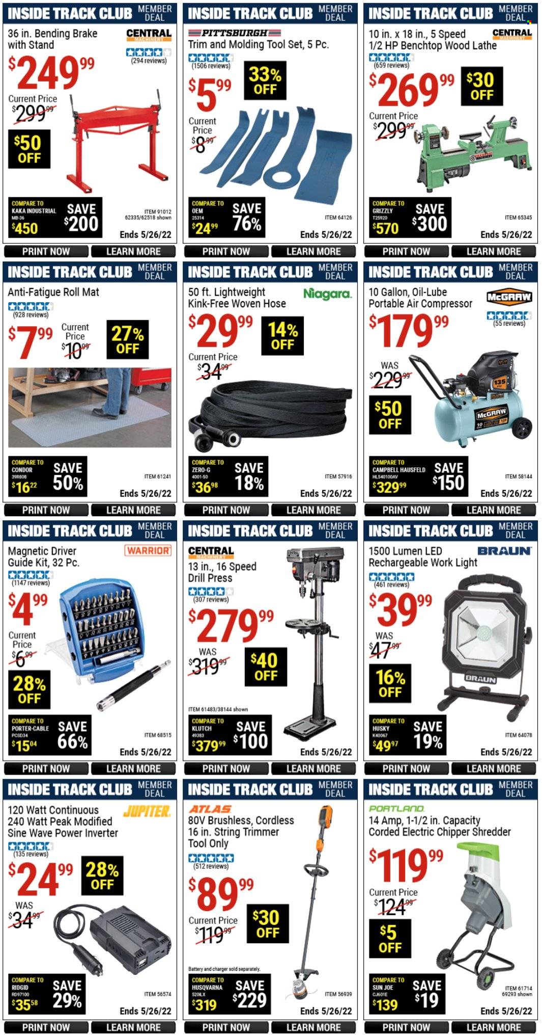 thumbnail - Harbor Freight Flyer - 05/06/2022 - 05/26/2022 - Sales products - Braun, work light, Ridgid, string trimmer, shredder, chipper, tool set, air compressor, power inverter. Page 8.