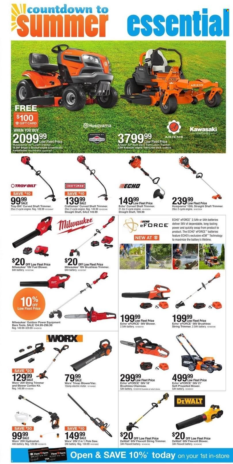 thumbnail - Fleet Farm Flyer - 05/11/2022 - 05/30/2022 - Sales products - DeWALT, trimmer, Ikon, tractor, Milwaukee, Craftsman, chain saw, saw, Husqvarna, string trimmer, combo kit. Page 4.