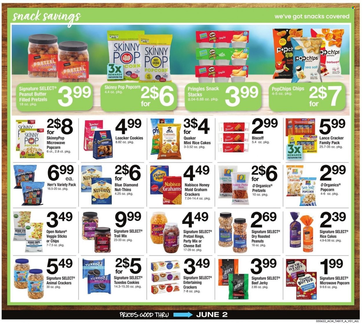 thumbnail - ACME Flyer - 05/06/2022 - 06/02/2022 - Sales products - pretzels, corn, Quaker, beef jerky, jerky, cookies, snack, crackers, Pringles, chips, Thins, popcorn, Skinny Pop, Honey Maid, rice, caramel, peanut butter, roasted peanuts, peanuts, Blue Diamond, trail mix. Page 19.
