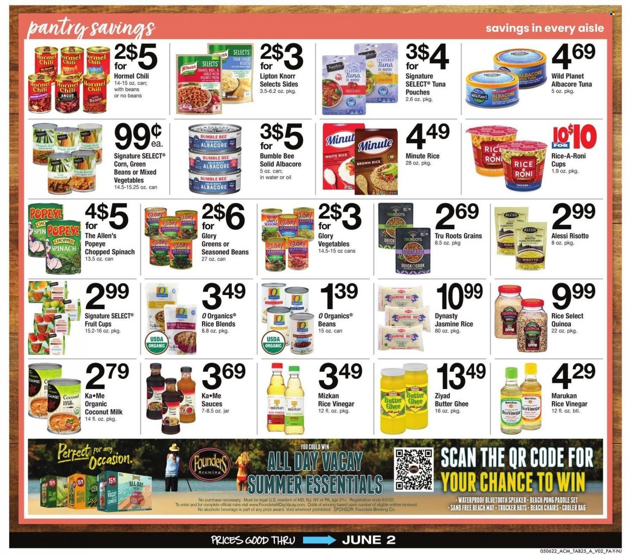 thumbnail - ACME Flyer - 05/06/2022 - 06/02/2022 - Sales products - fruit cup, corn, green beans, tuna, risotto, pasta, Bumble Bee, Knorr, Hormel, cheese, butter, ghee, coconut milk, tuna in water, brown rice, quinoa, jasmine rice, white rice, esponja, rice vinegar, vinegar, Lipton, bag, cooler bag, hat. Page 25.