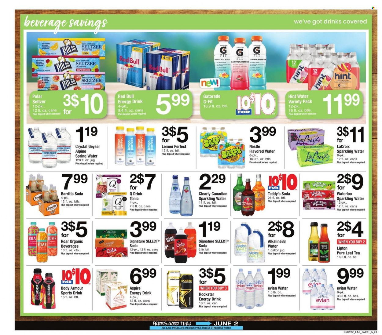 thumbnail - Safeway Flyer - 05/06/2022 - 06/02/2022 - Sales products - watermelon, cherries, oranges, Nestlé, Body Armor, energy drink, Lipton, tonic, Red Bull, Rockstar, Gatorade, seltzer water, spring water, flavored water, soda, sparkling water, Evian, tea, Pure Leaf, beer, gallon, teddy, ginger beer. Page 21.