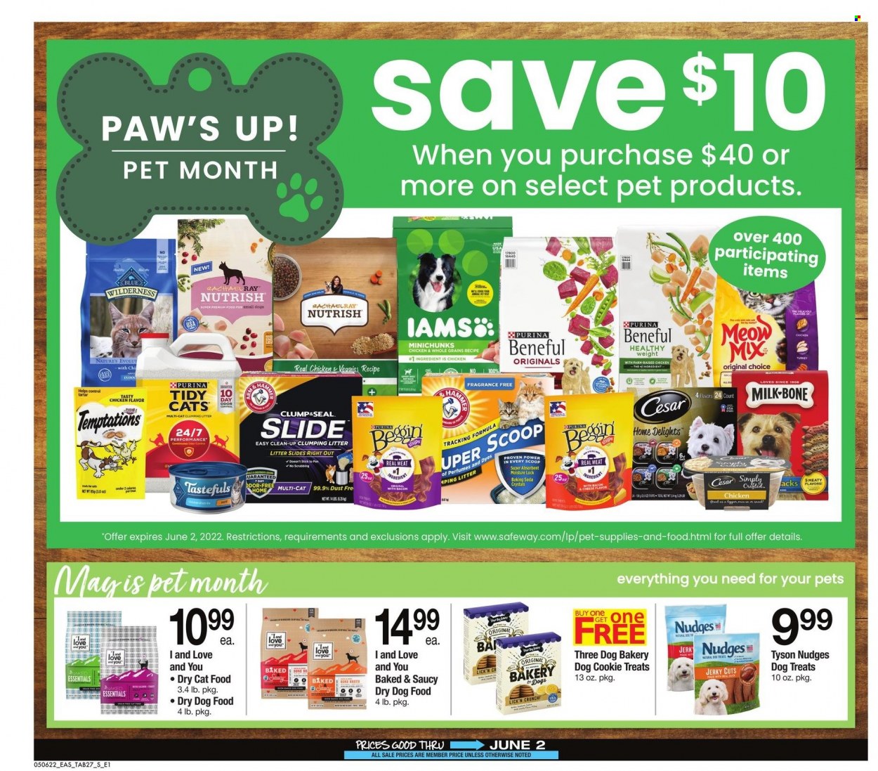 thumbnail - Safeway Flyer - 05/06/2022 - 06/02/2022 - Sales products - jerky, milk, strips, bicarbonate of soda, broth, Bai, pan, animal food, cat food, dog food, Purina, dry dog food, dry cat food, Blue Wilderness, Nutrish. Page 27.