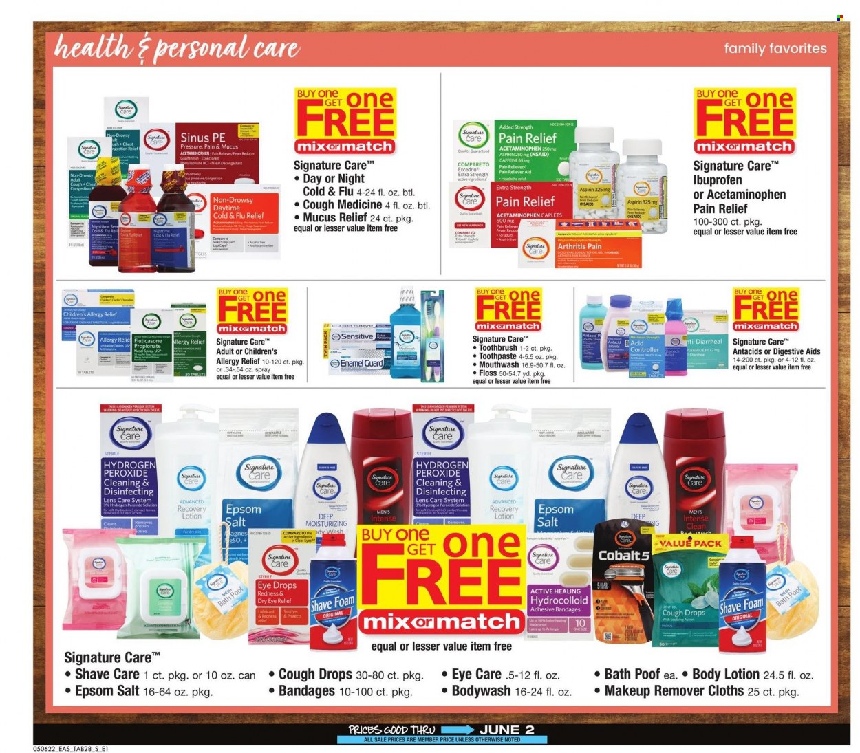 thumbnail - Safeway Flyer - 05/06/2022 - 06/02/2022 - Sales products - toothbrush, toothpaste, mouthwash, body lotion, pain relief, Cold & Flu, Excedrin, Tylenol, Ibuprofen, eye drops, Antacid, cough drops, aspirin, nasal spray, allergy relief. Page 28.