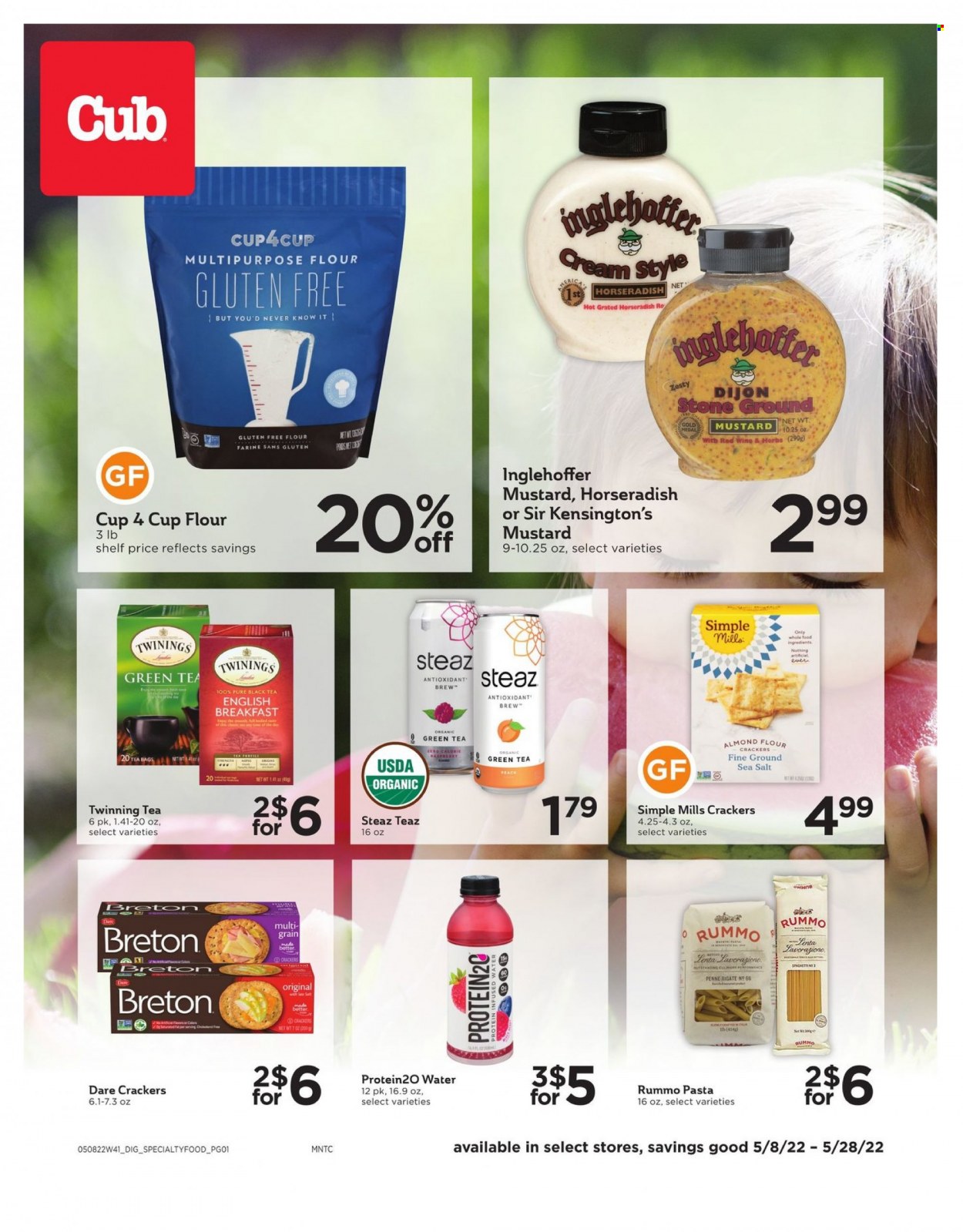 thumbnail - Cub Foods Flyer - 05/08/2022 - 05/28/2022 - Sales products - pasta, crackers, flour, almond flour, penne, mustard, green tea, tea bags, Twinings, wine. Page 1.