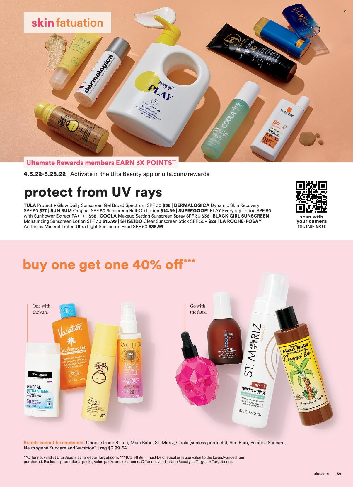 thumbnail - Ulta Beauty Flyer - 05/08/2022 - 05/28/2022 - Sales products - La Roche-Posay, Neutrogena, serum, Shiseido, body lotion, sunscreen lotion, roll-on, makeup. Page 39.