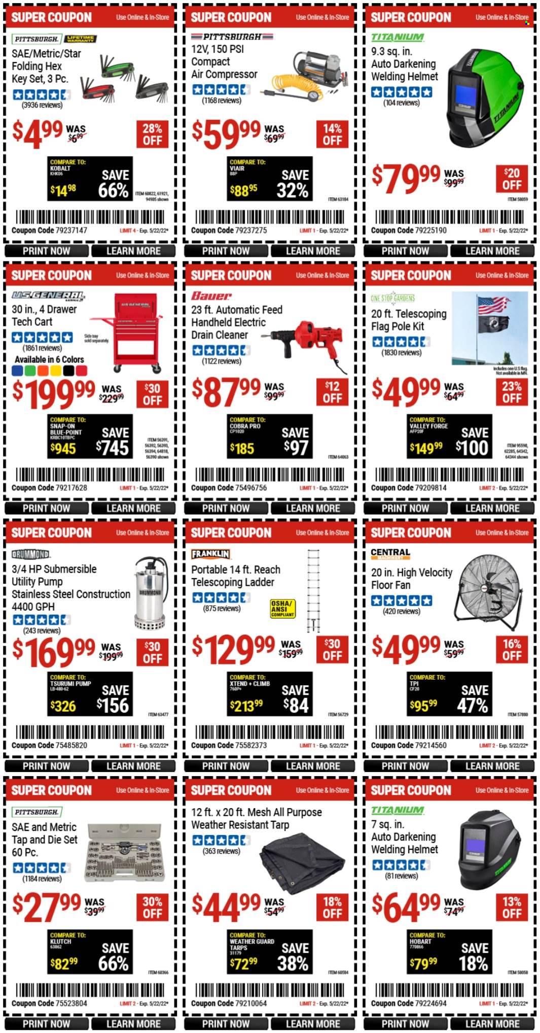 thumbnail - Harbor Freight Flyer - 05/09/2022 - 05/22/2022 - Sales products - tarps, ladder, air compressor, welding helmet, cart, pump, cleaner. Page 5.