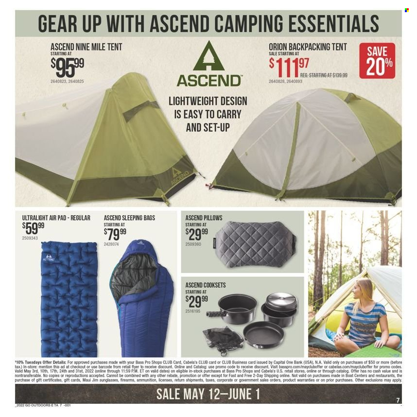 thumbnail - Bass Pro Shops Flyer - 05/12/2022 - 06/01/2022 - Sales products - pillow, sunglasses, Bass Pro, sleeping bag, tent. Page 8.