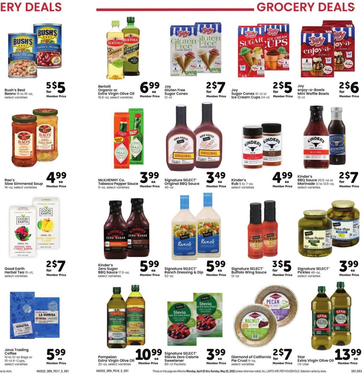 thumbnail - Safeway Flyer - 04/25/2022 - 05/22/2022 - Sales products - soup, sauce, noodles, Bertolli, ranch dressing, dip, ice cream, chips, cane sugar, tabasco, pie crust, stevia, sweetener, kidney beans, pickles, pinto beans, BBQ sauce, dressing, marinade, wing sauce, extra virgin olive oil, olive oil, oil, tea, herbal tea, coffee, coffee capsules, K-Cups, rosé wine, Joy, bag, rose. Page 21.