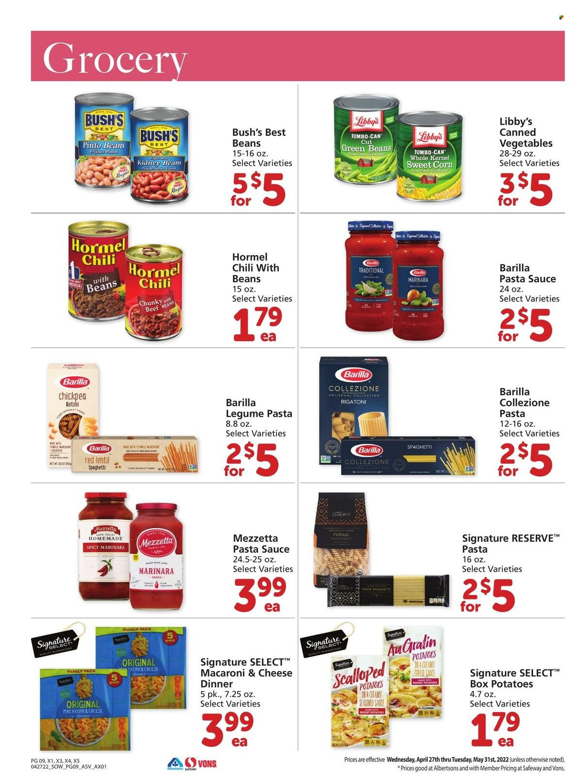 thumbnail - Safeway Flyer - 04/27/2022 - 05/31/2022 - Sales products - corn, green beans, potatoes, sweet corn, macaroni & cheese, spaghetti, pasta sauce, sauce, Barilla, Hormel, kidney beans, pinto beans, chili beans. Page 9.