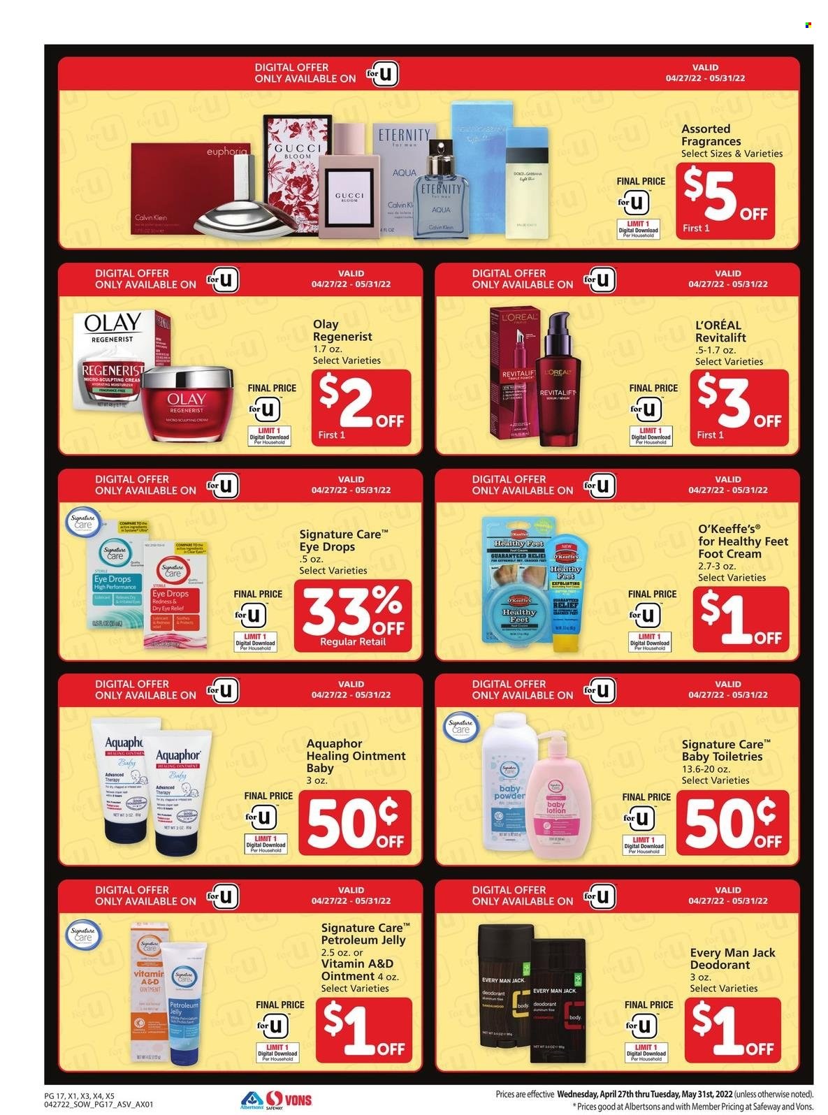 thumbnail - Safeway Flyer - 04/27/2022 - 05/31/2022 - Sales products - Aquaphor, L’Oréal, ointment, Olay, petroleum jelly, eye drops. Page 17.