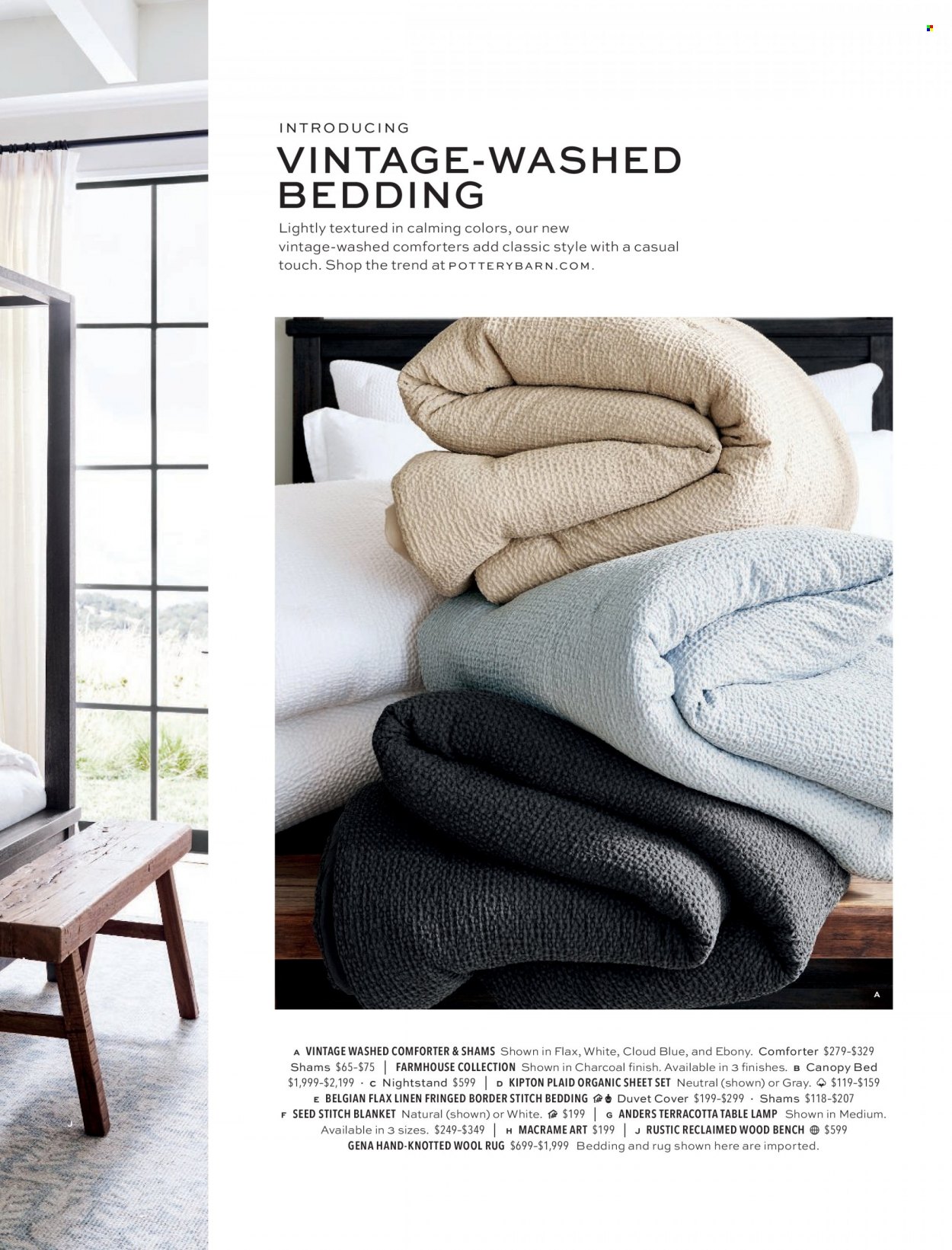 thumbnail - Pottery Barn Flyer - Sales products - bench, bed, nightstand, bedding, blanket, duvet, comforter, linens, lamp, table lamp, rug, wool rug, plant seeds. Page 43.