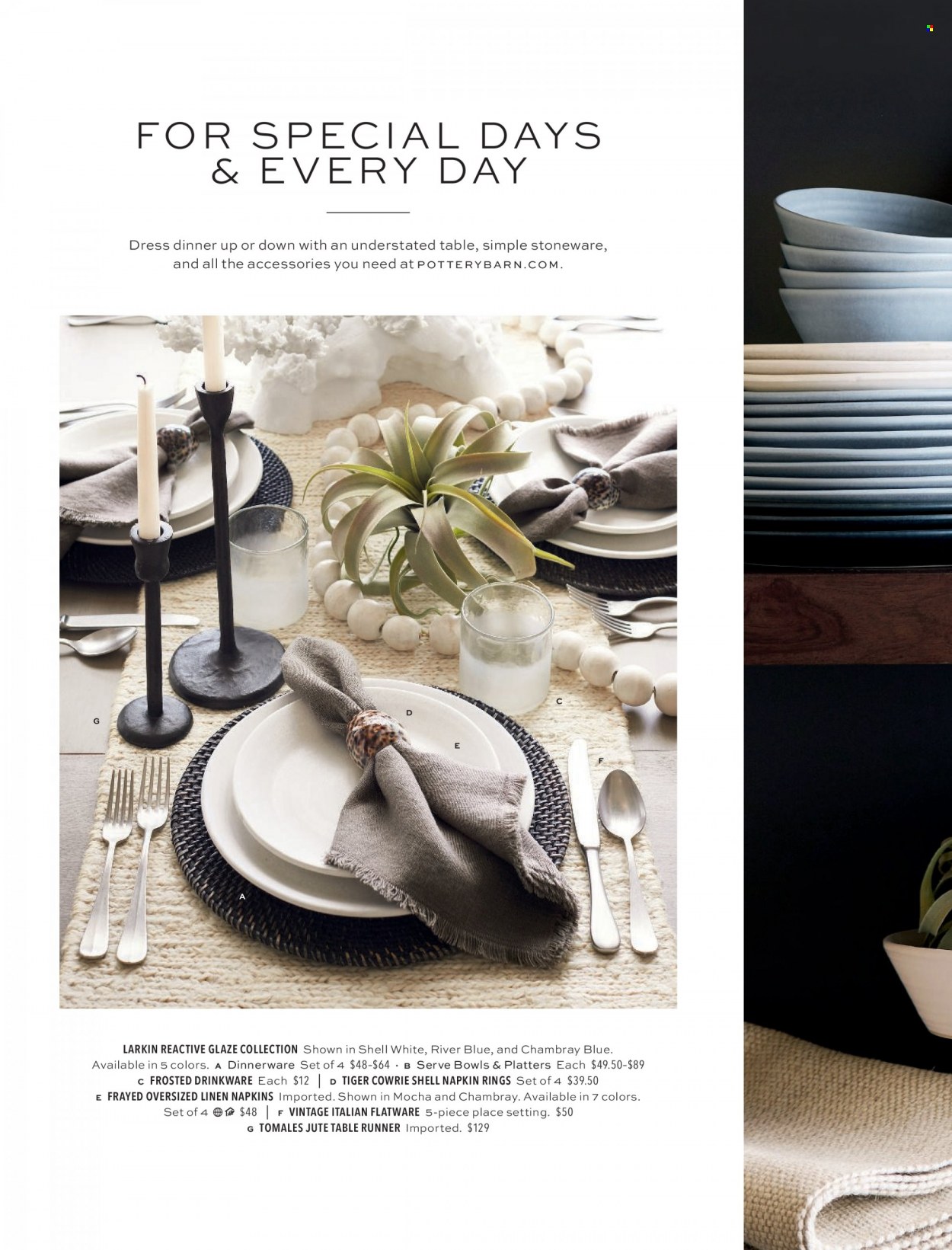 thumbnail - Pottery Barn Flyer - Sales products - dinnerware set, drinkware, flatware, stoneware, table runner, napkins, linens. Page 66.