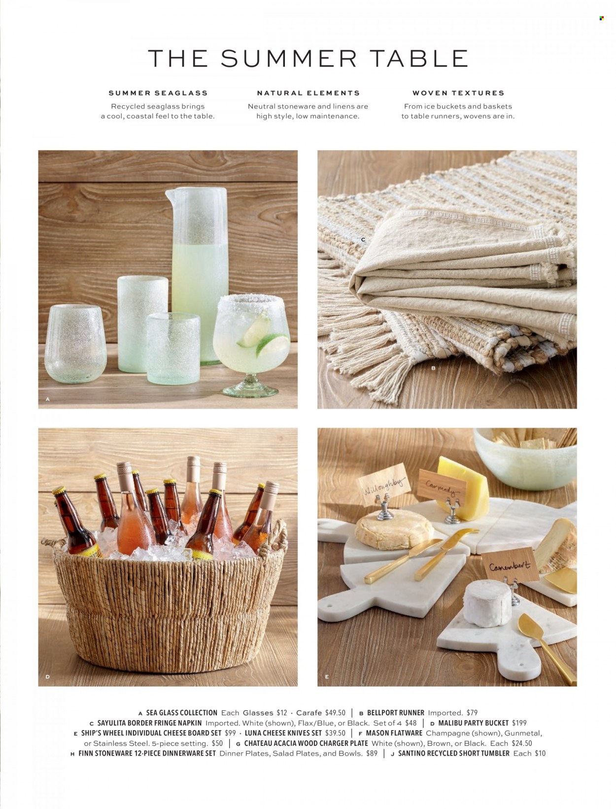 thumbnail - Pottery Barn Flyer - Sales products - bijzettafel, dinnerware set, flatware, knife, tumbler, plate, dinner plate, stoneware, cheese board, table runner, napkins, linens. Page 99.