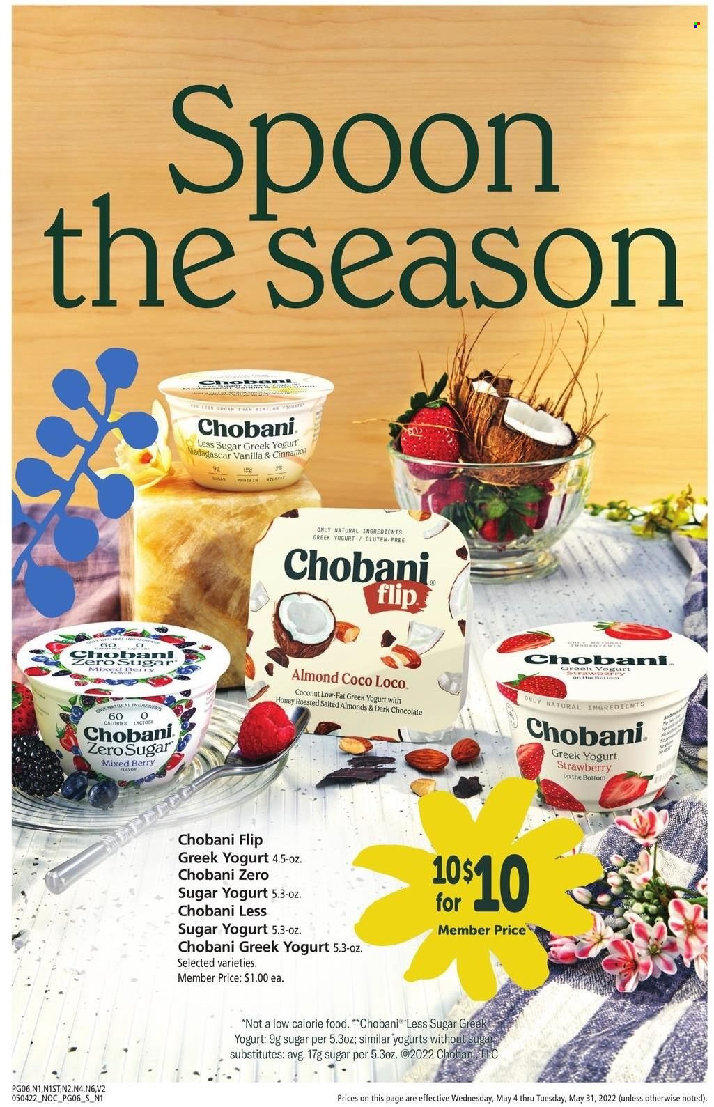 thumbnail - Safeway Flyer - 05/04/2022 - 05/31/2022 - Sales products - coconut, greek yoghurt, yoghurt, Chobani, chocolate, dark chocolate, cinnamon, almonds, spoon. Page 6.