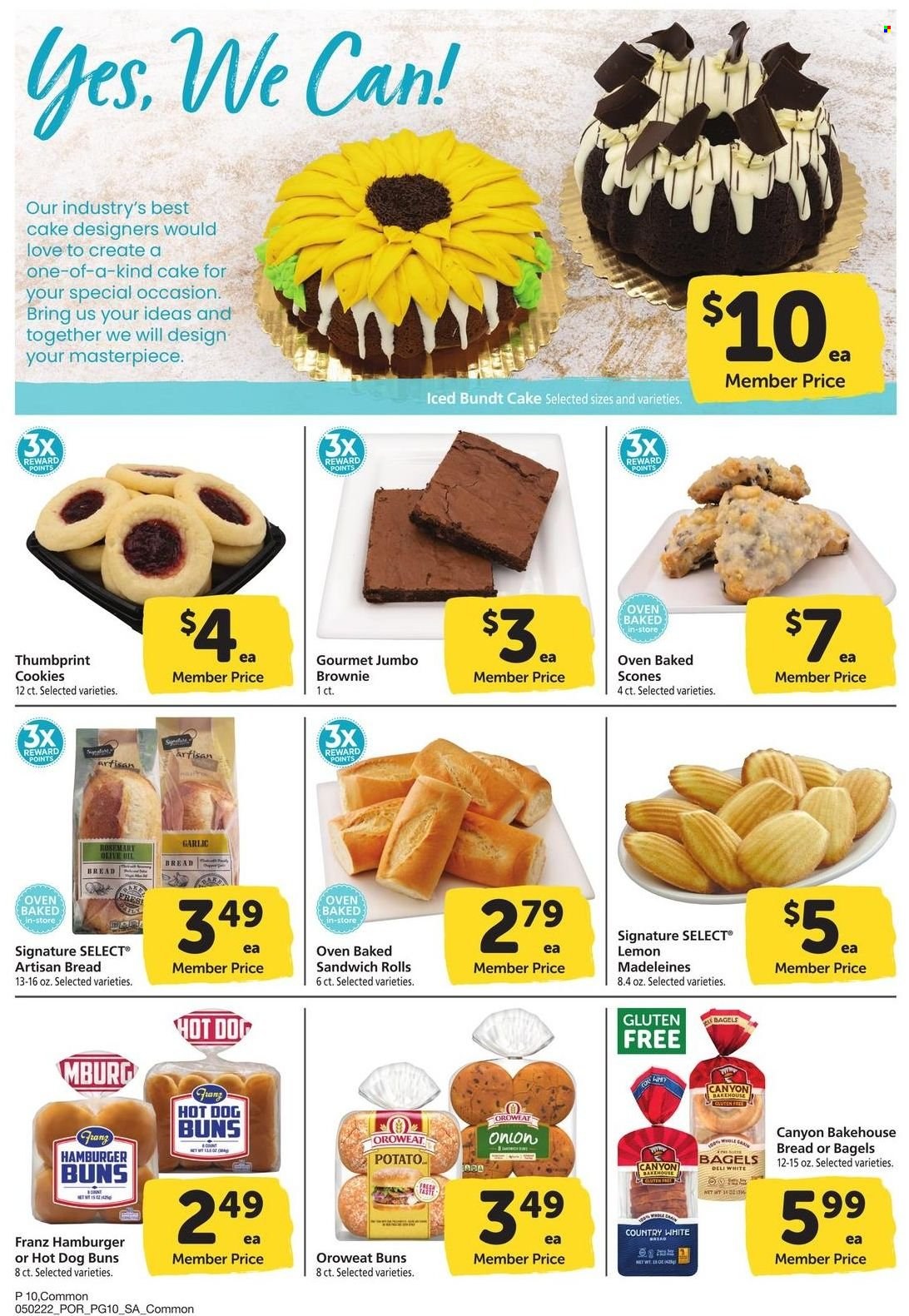thumbnail - Safeway Flyer - 05/02/2022 - 06/05/2022 - Sales products - bagels, bread, cake, buns, burger buns, sandwich rolls, bundt, brownies, garlic, onion, cookies, rosemary. Page 10.