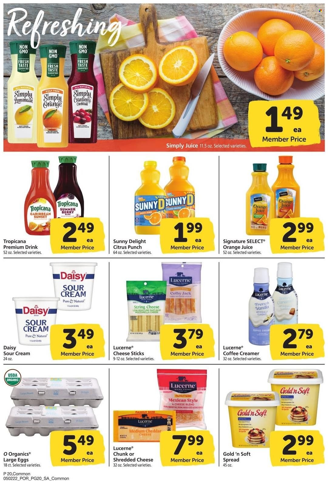 thumbnail - Safeway Flyer - 05/02/2022 - 06/05/2022 - Sales products - Colby cheese, mozzarella, shredded cheese, string cheese, cheddar, large eggs, sour cream, creamer, cheese sticks, orange juice, juice, fruit punch. Page 20.