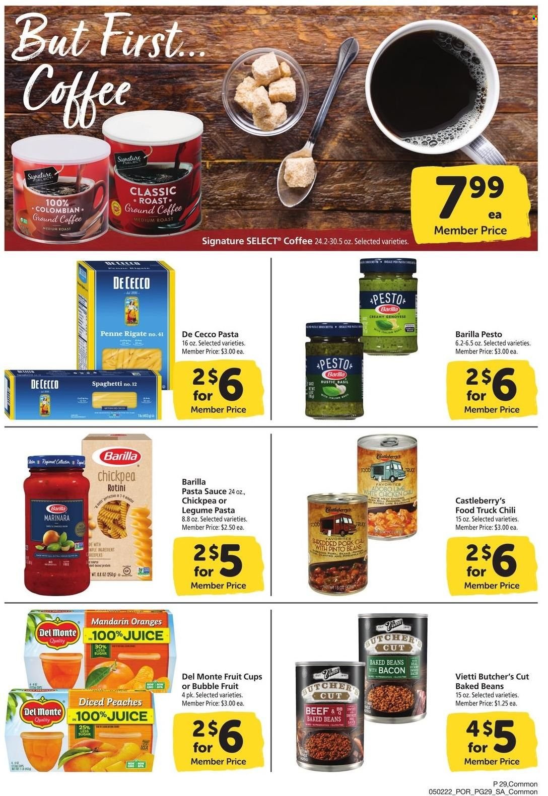 thumbnail - Safeway Flyer - 05/02/2022 - 06/05/2022 - Sales products - fruit cup, mandarines, oranges, spaghetti, pasta sauce, sauce, Barilla, bacon, sugar, pinto beans, baked beans, penne, esponja, adobo sauce, pesto, juice, coffee, ground coffee. Page 29.
