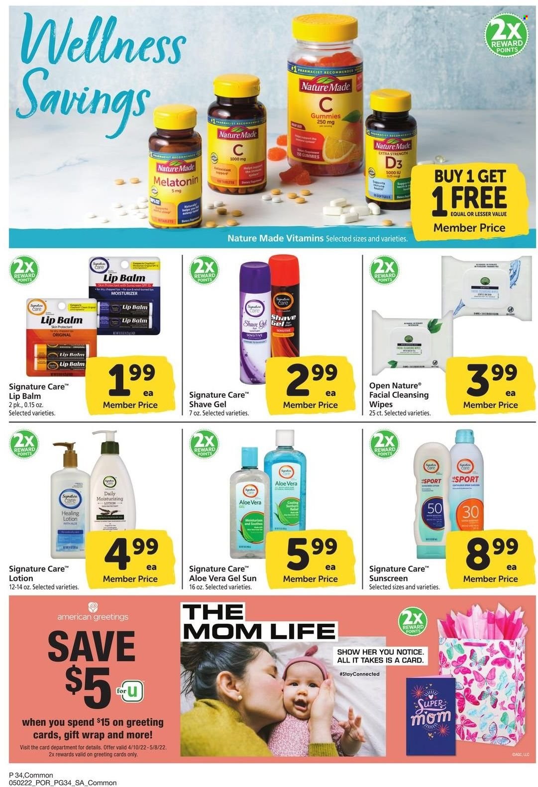 thumbnail - Safeway Flyer - 05/02/2022 - 06/05/2022 - Sales products - cleansing wipes, wipes, lip balm, moisturizer, body lotion, shave gel, gift wrap, Melatonin, Nature Made, vitamin D3. Page 34.