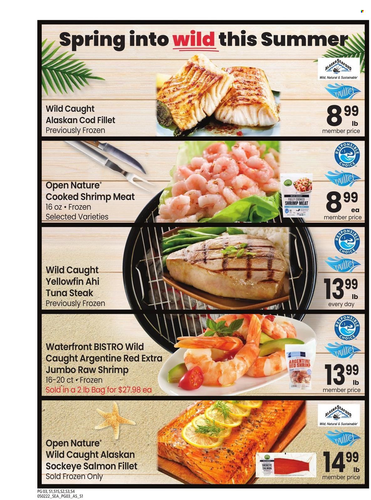 thumbnail - Safeway Flyer - 05/02/2022 - 06/05/2022 - Sales products - steak, cod, salmon, salmon fillet, tuna, alaskan cod fillet, seafood, shrimps, tuna steak. Page 3.