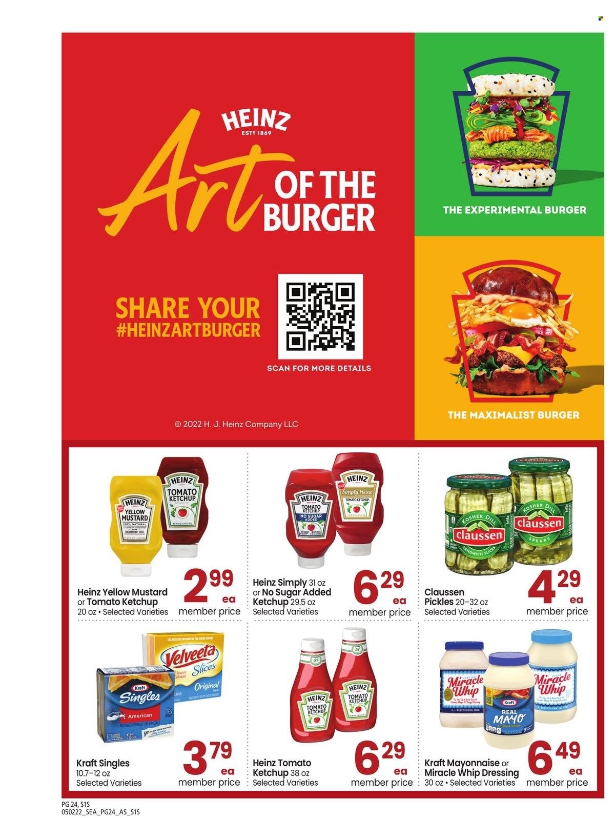 thumbnail - Safeway Flyer - 05/02/2022 - 06/05/2022 - Sales products - hamburger, Kraft®, sandwich slices, Kraft Singles, mayonnaise, Miracle Whip, Heinz, pickles, dill, mustard, ketchup, dressing. Page 24.