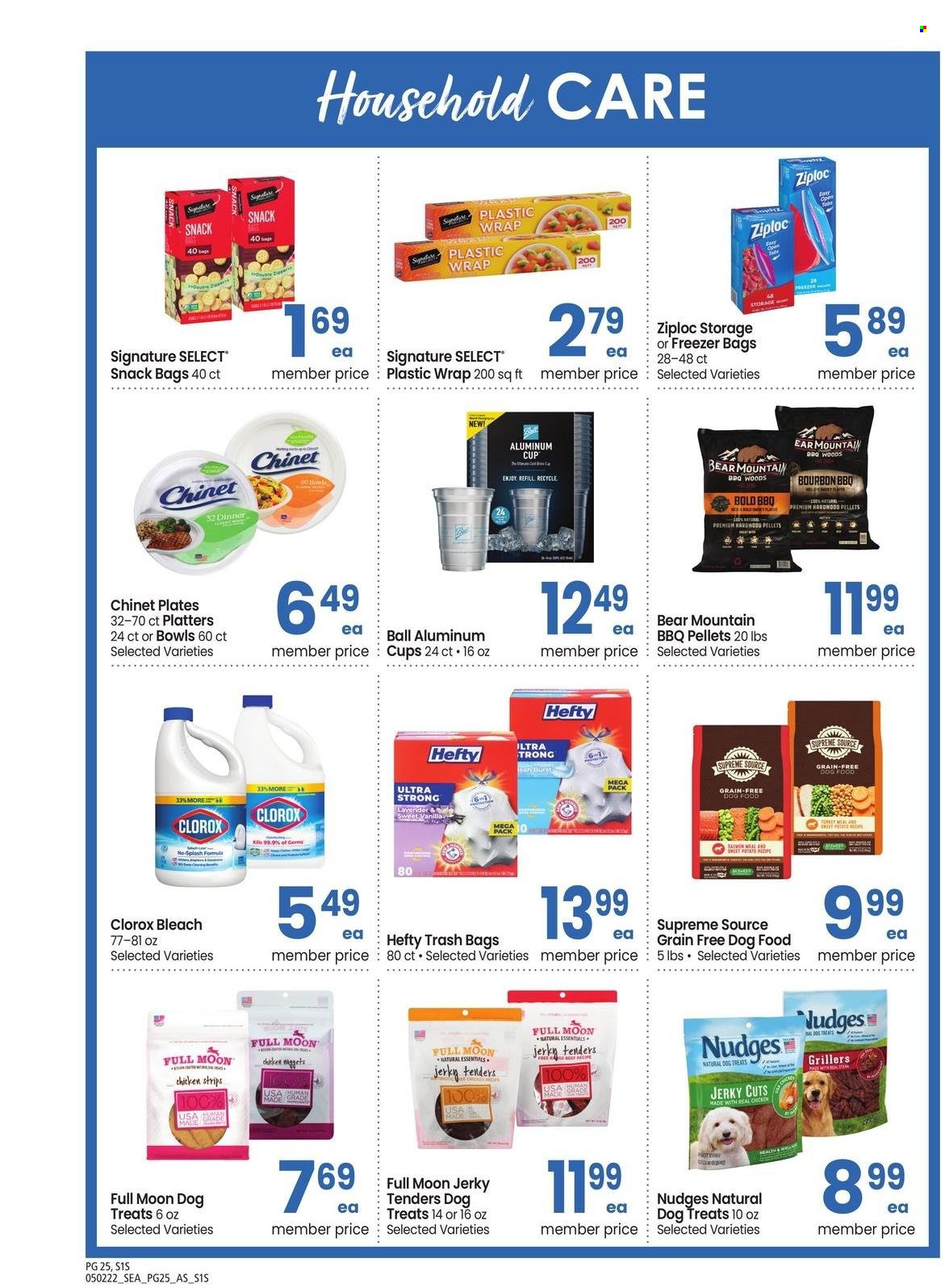 thumbnail - Safeway Flyer - 05/02/2022 - 06/05/2022 - Sales products - jerky, strips, bleach, Clorox, bag, Ziploc, Hefty, trash bags, plate, cup, freezer bag, animal food, dog food. Page 25.