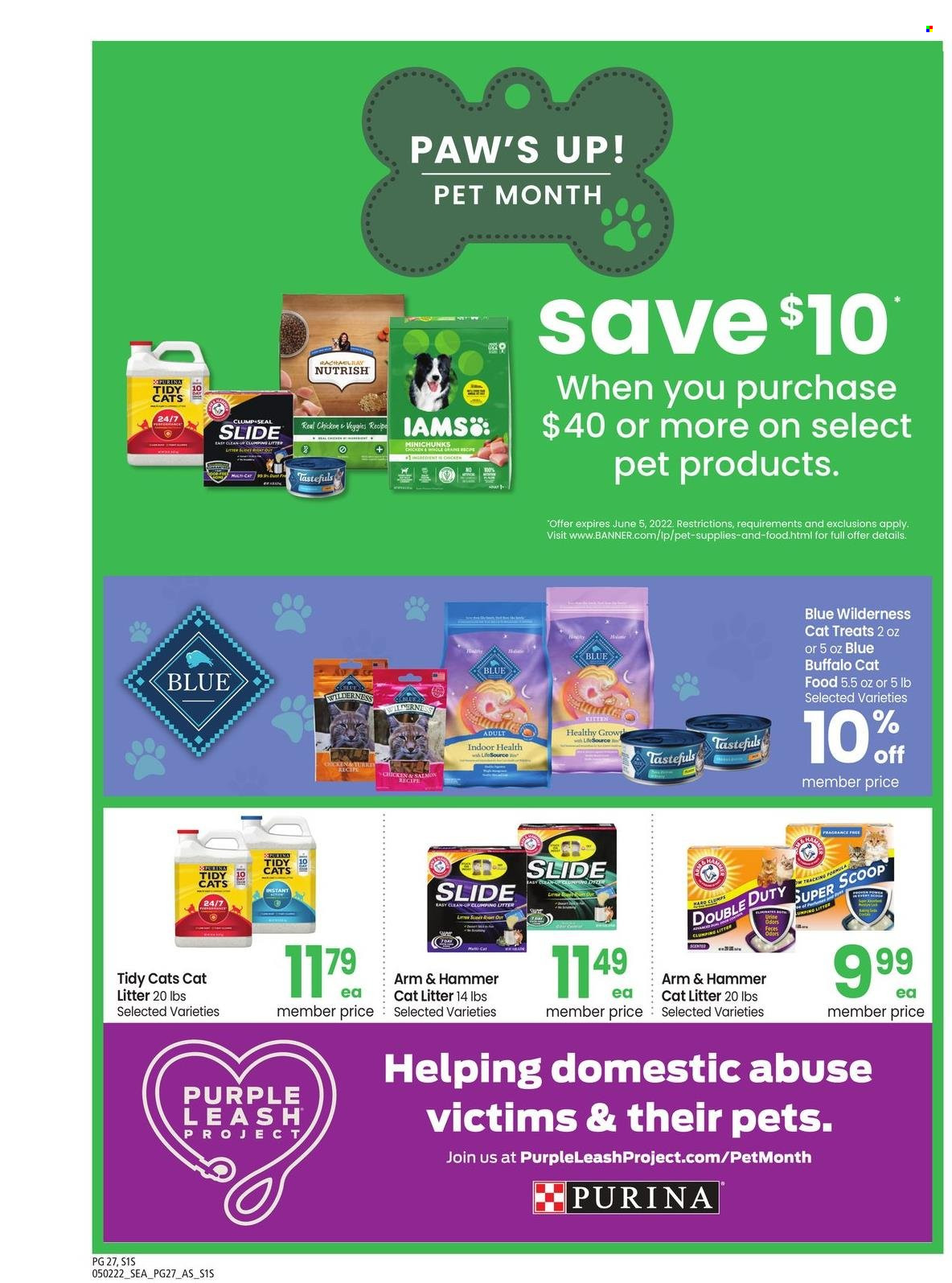 thumbnail - Safeway Flyer - 05/02/2022 - 06/05/2022 - Sales products - ARM & HAMMER, animal food, Blue Buffalo, cat food, Purina, Blue Wilderness, Iams, Nutrish. Page 27.