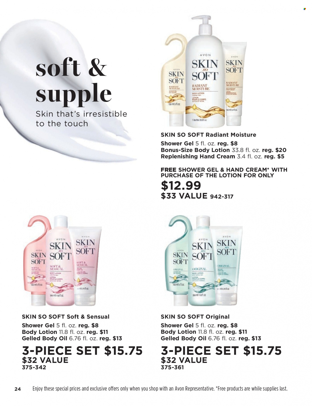 thumbnail - Avon Flyer - 05/11/2022 - 05/24/2022 - Sales products - shower gel, Avon, Skin So Soft, body lotion, body oil, hand cream. Page 24.