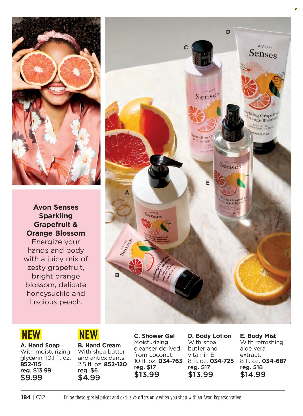 thumbnail - Avon Flyer - 05/11/2022 - 05/24/2022 - Sales products - shower gel, hand soap, Avon, soap, cleanser, body lotion, body mist, hand cream. Page 184.