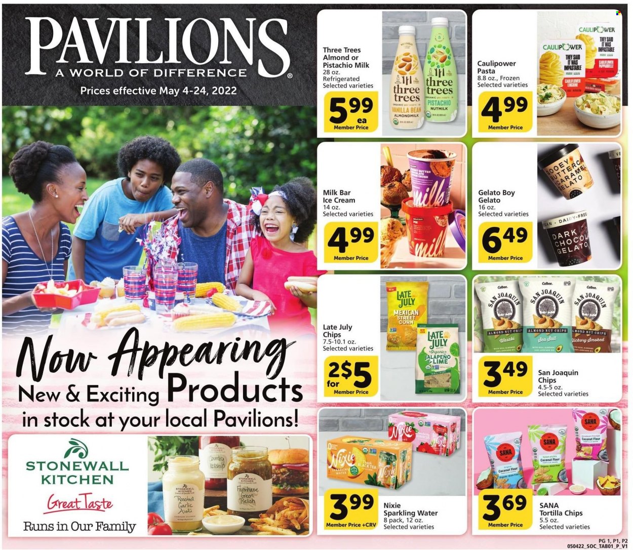 thumbnail - Pavilions Flyer - 05/04/2022 - 05/24/2022 - Sales products - jalapeño, pasta, almond milk, milk, ice cream, gelato, tortilla chips, coconut flour, wasabi, caramel, sparkling water, tea. Page 1.