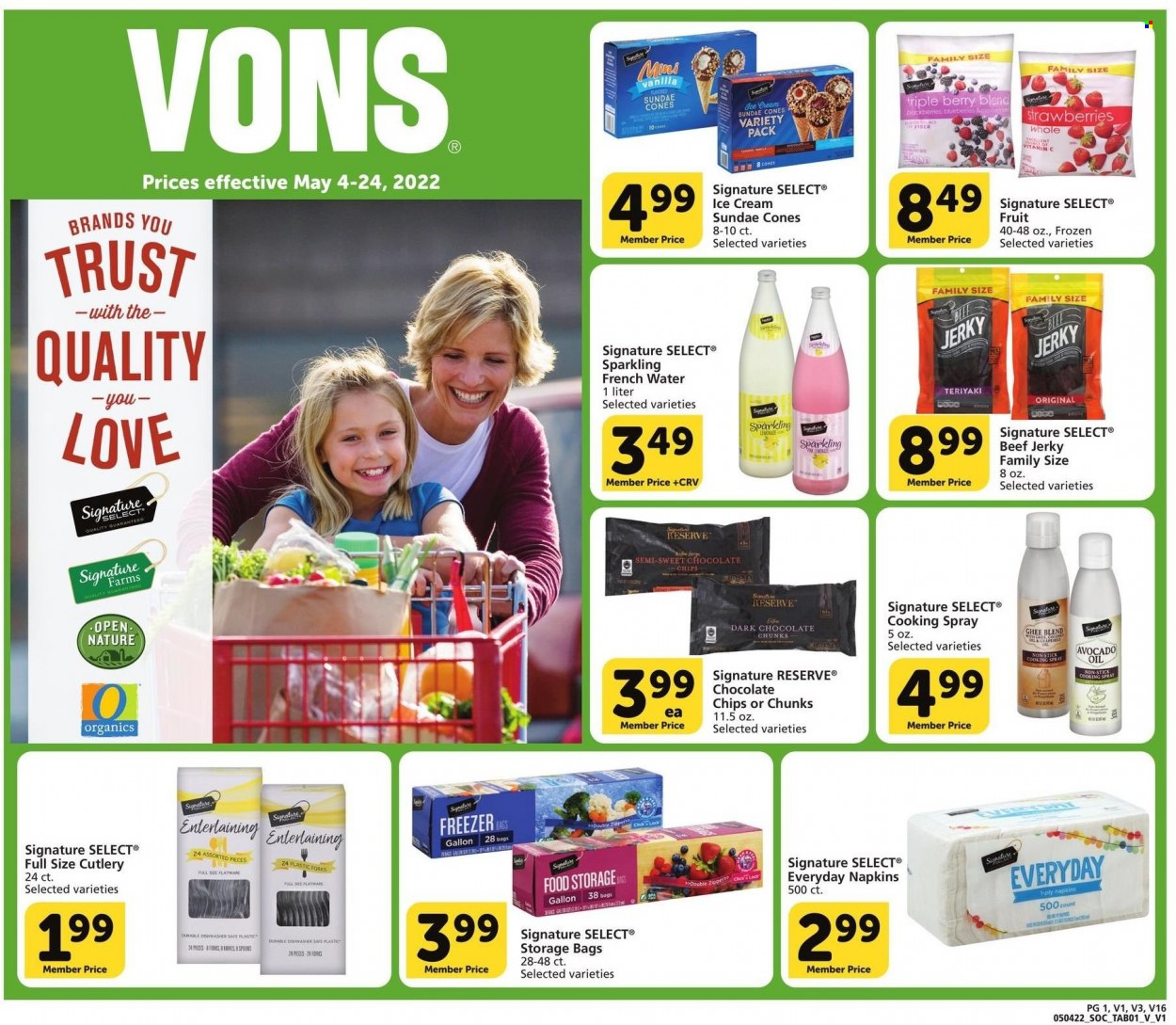 thumbnail - Vons Flyer - 05/04/2022 - 05/24/2022 - Sales products - pie, strawberries, beef jerky, jerky, ghee, ice cream, avocado oil, cooking spray, oil, napkins, flatware, storage bag. Page 1.