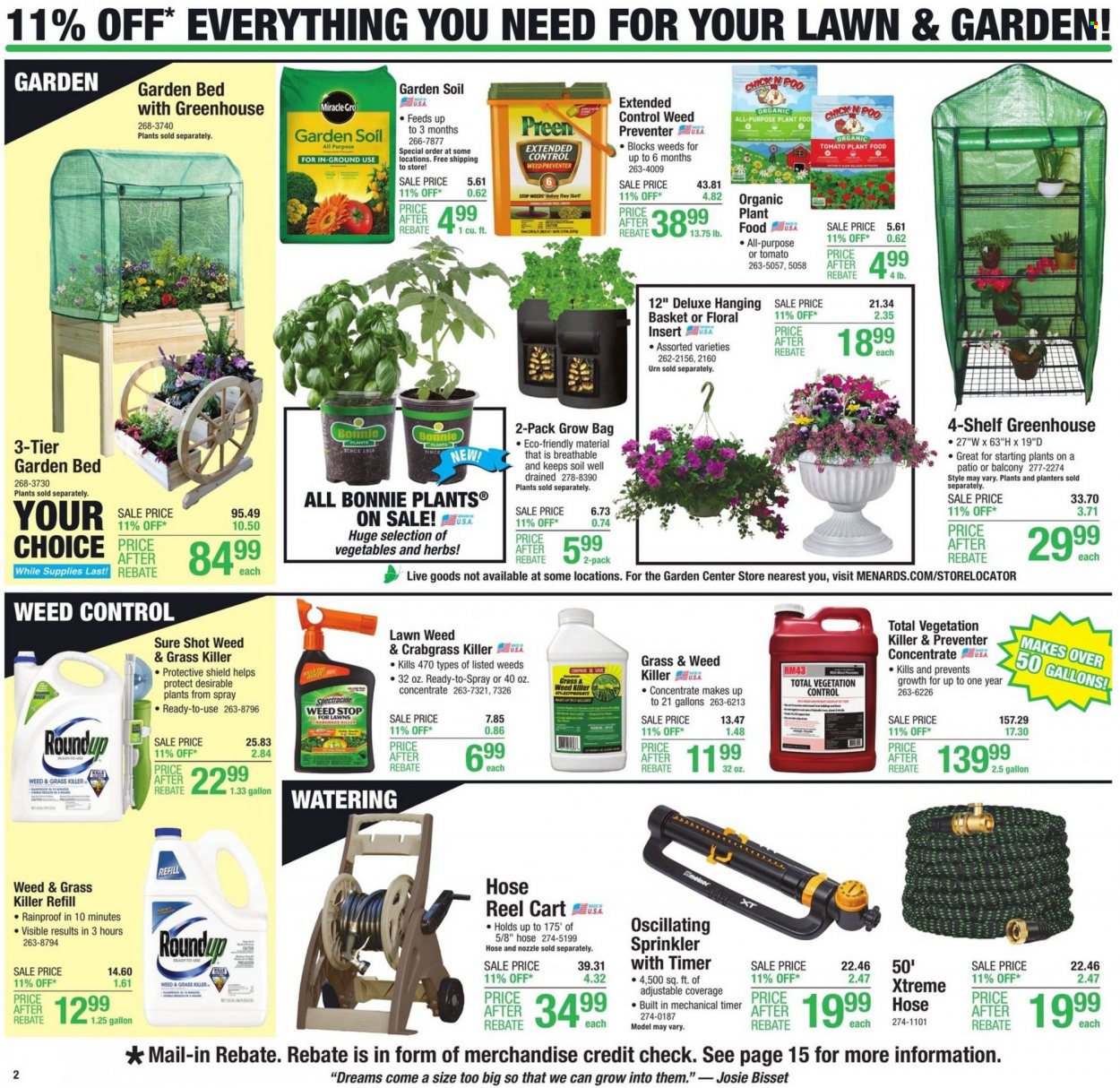 thumbnail - Menards Flyer - 05/11/2022 - 05/21/2022 - Sales products - bag, basket, gallon, cart, greenhouse, herbs, garden soil, garden bed, hose reel. Page 2.