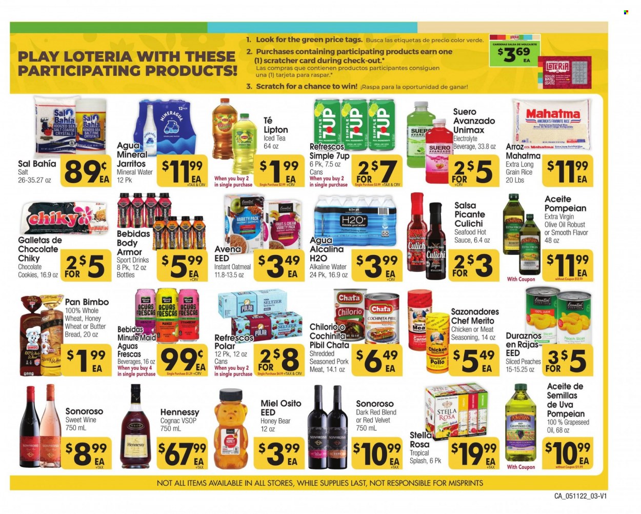 thumbnail - Cardenas Flyer - 05/11/2022 - 05/31/2022 - Sales products - mango, seafood, cookies, chocolate, oatmeal, sea salt, rice, long grain rice, spice, salsa, extra virgin olive oil, olive oil, grape seed oil, juice, Body Armor, Lipton, ice tea, 7UP, fruit punch, mineral water, seltzer water, alkaline water, green tea, cognac, Hennessy, pork meat, pan, peaches. Page 3.