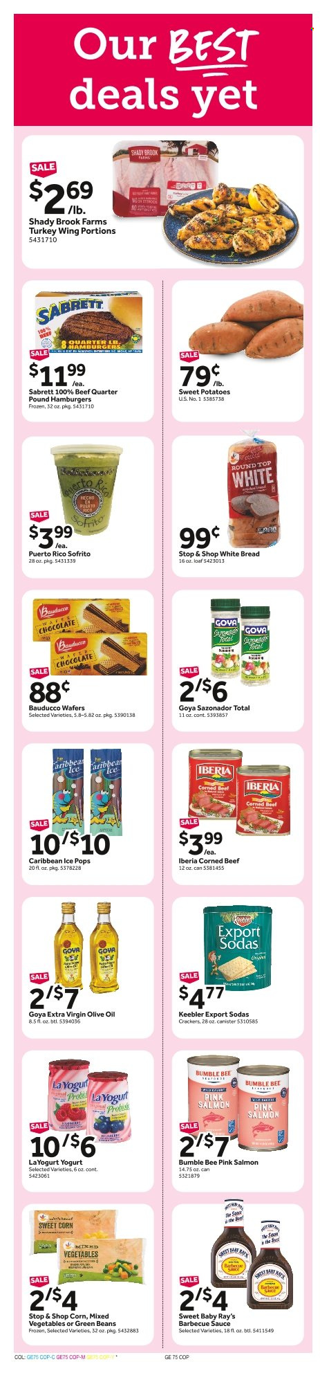 thumbnail - Stop & Shop Flyer - 05/13/2022 - 05/19/2022 - Sales products - bread, white bread, beans, corn, green beans, sweet potato, potatoes, sweet corn, beef meat, Bumble Bee, sauce, yoghurt, mixed vegetables, wafers, chocolate, crackers, Keebler, corned beef, Goya, BBQ sauce, extra virgin olive oil, olive oil, oil, sake. Page 15.