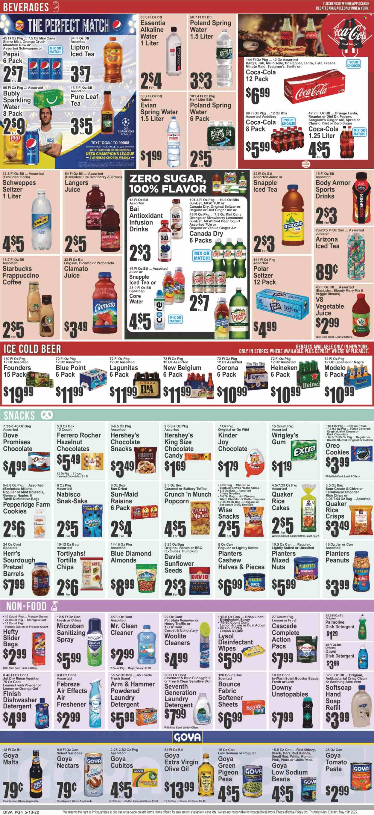 thumbnail - Key Food Flyer - 05/13/2022 - 05/19/2022 - Sales products - pretzels, pumpkin, peas, Quaker, Oreo, butter, Hershey's, cookies, fudge, snack, Ferrero Rocher, Kinder Joy, toffee, chocolate candies, tortilla chips, chips, Thins, popcorn, rice crisps, ARM & HAMMER, tomato paste, olives, Goya, rice, toor dal, extra virgin olive oil, olive oil, oil, almonds, raisins, peanuts, dried fruit, sunflower seeds, mixed nuts, Planters, Blue Diamond, Canada Dry, Coca-Cola, ginger ale, lemonade, Mountain Dew, Schweppes, Sprite, Pepsi, juice, Fanta, Body Armor, Lipton, ice tea, Dr. Pepper, Clamato, 7UP, AriZona, Snapple, A&W, Sierra Mist, vegetable juice, Bai, fruit punch, seltzer water, spring water, soda, sparkling water, alkaline water, Evian, Pure Leaf, coffee, Starbucks, frappuccino, beer, Corona Extra, Heineken, Modelo, wipes, Dove, detergent, Febreze, cleaner, desinfection, stain remover, Lysol, Woolite, Cascade, Unstopables, fabric softener, laundry detergent, Bounce, Jet, Softsoap, hand soap, Palmolive, soap, antibacterial spray, Hefty, Pigeon, air freshener. Page 4.