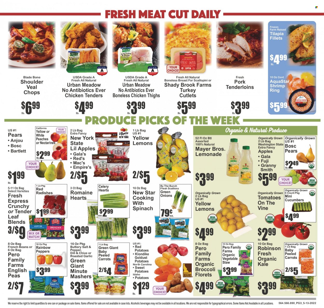 thumbnail - Key Food Flyer - 05/13/2022 - 05/19/2022 - Sales products - beans, broccoli, carrots, celery, cucumber, french beans, radishes, sweet potato, tomatoes, kale, potatoes, peas, peppers, green onion, red potatoes, apples, Gala, pears, Granny Smith, tilapia, shrimps, chicken tenders, lemonade, Mac’s, chicken thighs, veal cutlet, veal meat, pork tenderloin, nectarines, lemons, peaches. Page 3.