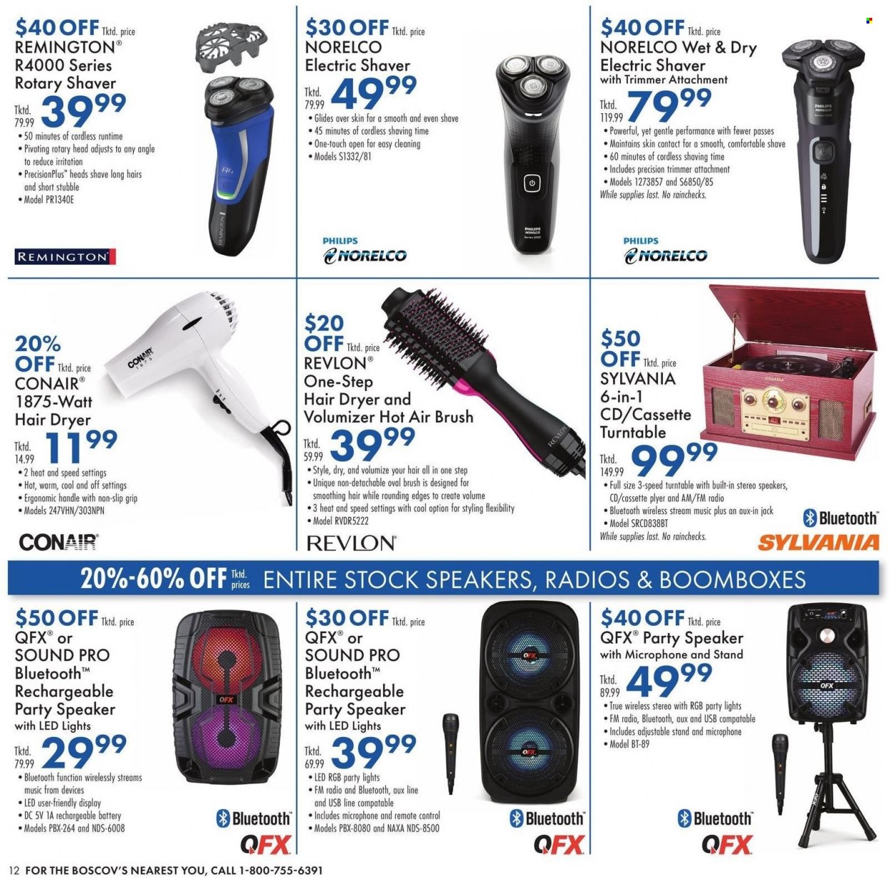 thumbnail - Boscov's Flyer - 05/12/2022 - 05/25/2022 - Sales products - Philips, pie, Revlon, shaver, trimmer, Sylvania, rechargeable battery, radio, speaker, remote control, Remington, Norelco, hair dryer, LED light. Page 12.