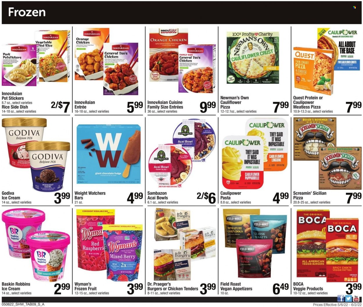 thumbnail - Shaw’s Flyer - 05/06/2022 - 06/02/2022 - Sales products - oranges, pizza, chicken tenders, nuggets, pasta, MTR, veggie burger, pepperoni, ice cream, Screamin' Sicilian, fudge, Godiva, plant protein, rice, bag, pot, bowl, container, sticker. Page 9.