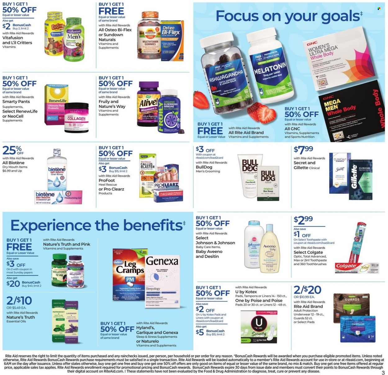 thumbnail - RITE AID Flyer - 05/15/2022 - 05/21/2022 - Sales products - 7 Days, pants, Johnson's, Aveeno, soap bar, soap, Biotene, Colgate, toothpaste, Kotex, Kotex pads, tampons, Gillette, pan, essential oils, hat, multivitamin, Nature's Truth, Sundown Naturals, Vitafusion, Osteo bi-flex, ginseng, Bi-Flex, Alive!, dietary supplement, Desitin. Page 4.