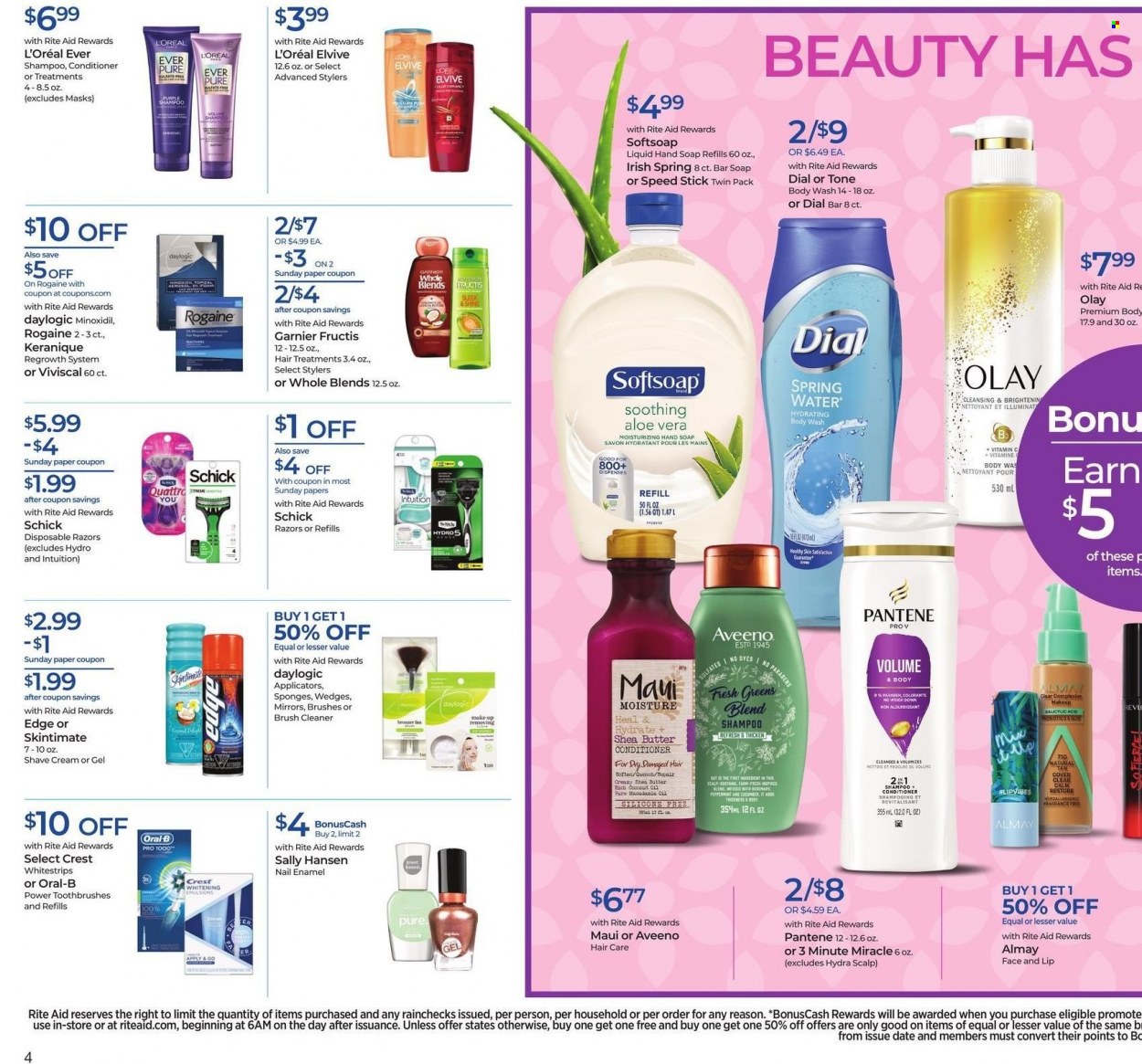 thumbnail - RITE AID Flyer - 05/15/2022 - 05/21/2022 - Sales products - spring water, L'Or, Aveeno, cleaner, body wash, shampoo, Softsoap, hand soap, soap bar, Dial, soap, Oral-B, Crest, Almay, Garnier, L’Oréal, Olay, Daylogic, conditioner, Pantene, Fructis, shea butter, Speed Stick, Schick, shave cream, disposable razor, nail enamel, Sally Hansen, makeup, mirror. Page 6.
