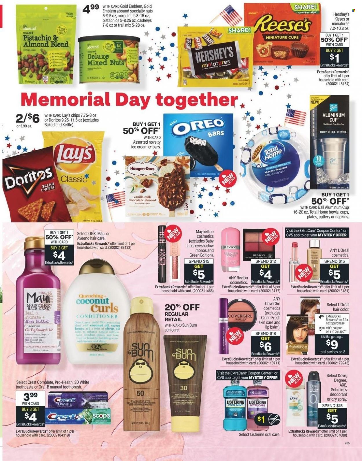thumbnail - CVS Pharmacy Flyer - 05/15/2022 - 05/21/2022 - Sales products - Oreo, ice cream, Reese's, Hershey's, Häagen-Dazs, Doritos, chips, Lay’s, cashews, pistachios, mixed nuts, trail mix, Boost, napkins, Aveeno, Dove, shampoo, Listerine, toothbrush, Oral-B, toothpaste, Crest, L’Oréal, lip balm, OGX, conditioner, Revlon, hair color, shea butter, anti-perspirant, deodorant, Axe, eyeshadow, Maybelline. Page 2.