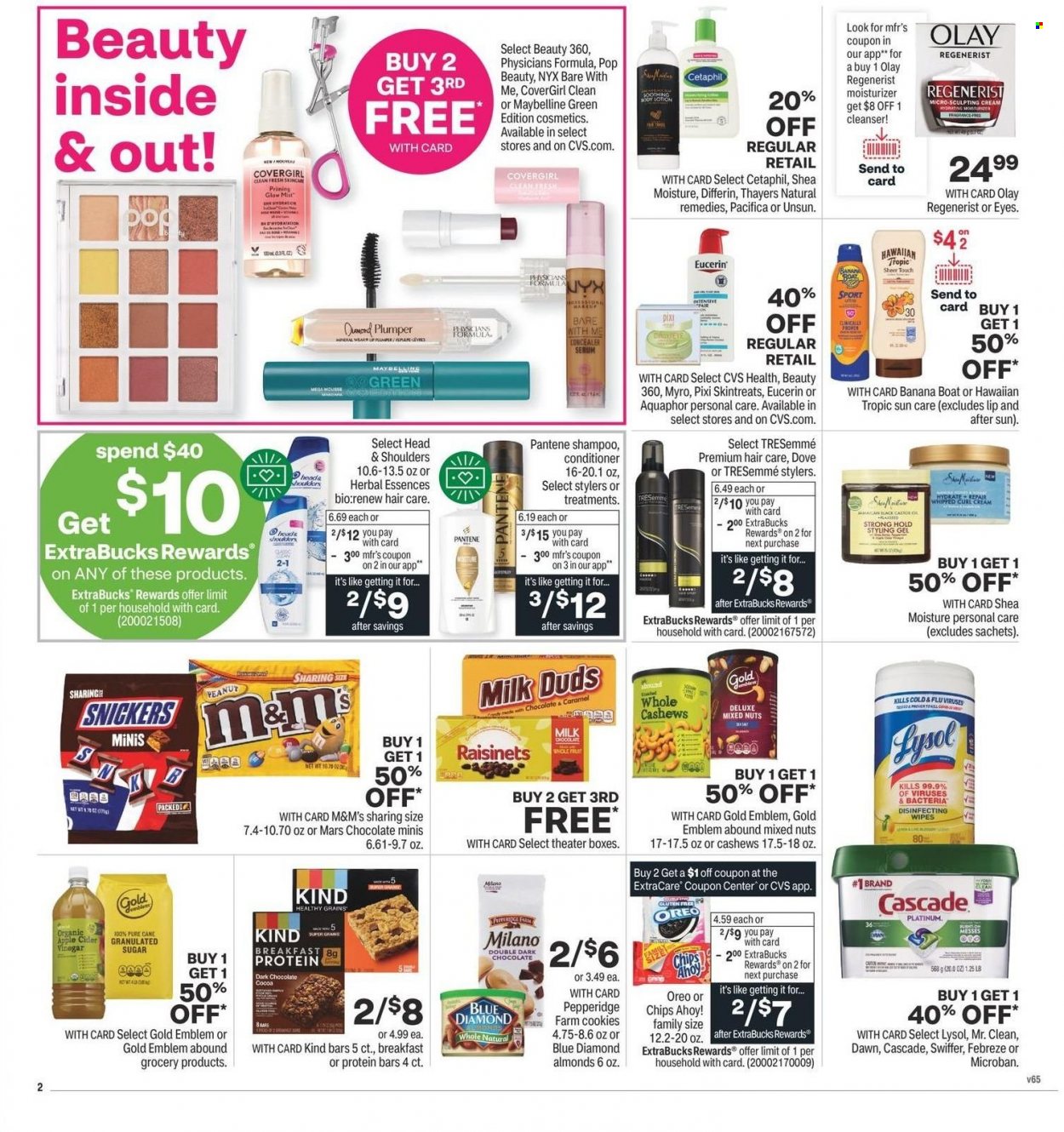 thumbnail - CVS Pharmacy Flyer - 05/15/2022 - 05/21/2022 - Sales products - cookies, Milk Duds, Snickers, Mars, M&M's, dark chocolate, chips, protein bar, almonds, cashews, mixed nuts, Blue Diamond, wipes, Aquaphor, Dove, Febreze, Lysol, Swiffer, Cascade, cleanser, moisturizer, serum, Olay, NYX Cosmetics, conditioner, TRESemmé, Head & Shoulders, Pantene, styling gel, Herbal Essences, body lotion, Eucerin, Select Gold, corrector, Maybelline. Page 3.
